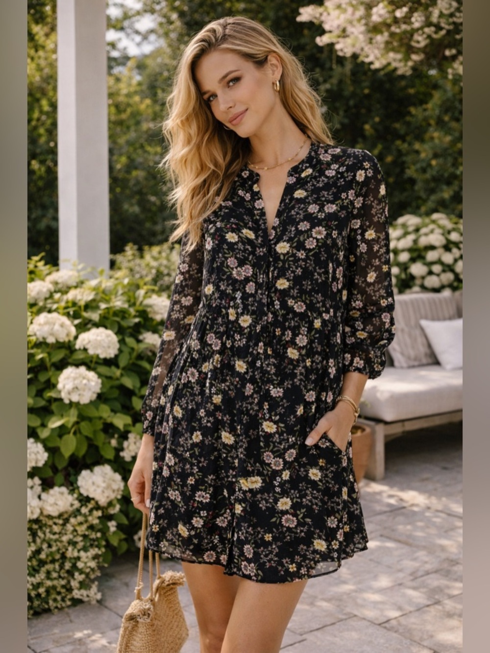 NWOT 1.State Black Floral Dress 🌸 Feminine Garden Party Brunch Mini Dress